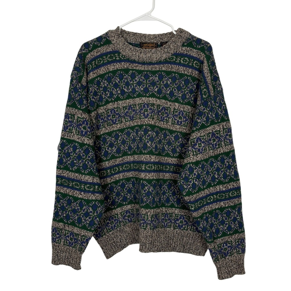 Eddie Bauer Sweater Mens Large Green Blue Fair Isle Wool Blend Vintage Crewneck